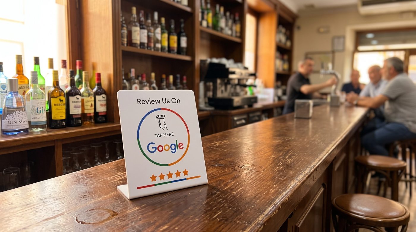 Soporte NFC de reseñas de Google colocado sobre la barra de madera de un bar, con las botellas y la cafetera al fondo