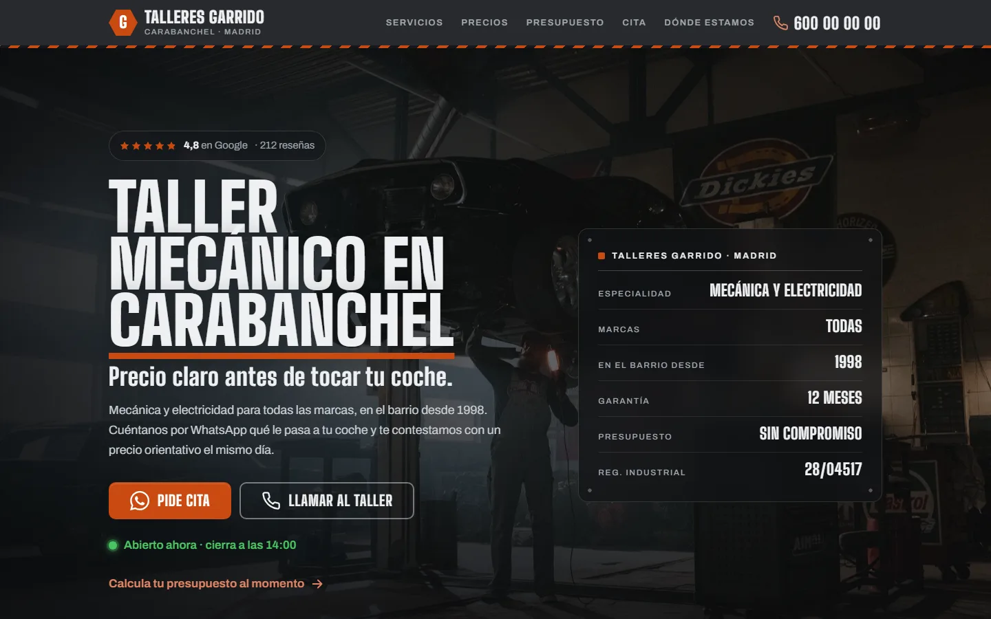 La portada de Talleres Garrido en un ordenador: el titular «Taller mecánico en Carabanchel», la nota de Google y los botones de pedir cita y llamar.