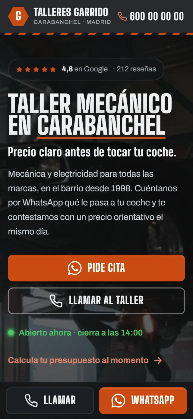 La misma portada en un móvil, con la barra fija de llamar y WhatsApp abajo.