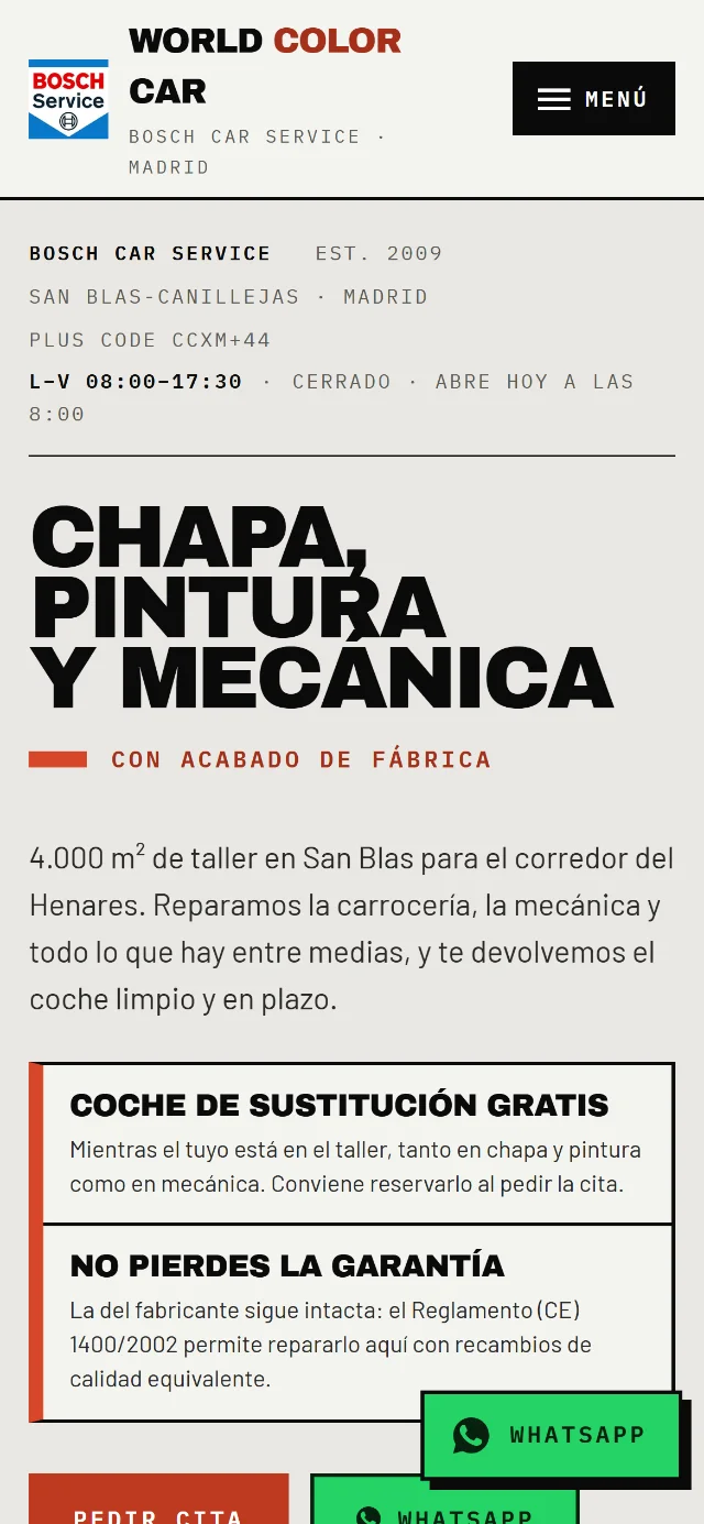 La misma portada en un móvil, con el menú plegado y los botones a lo ancho de la pantalla.